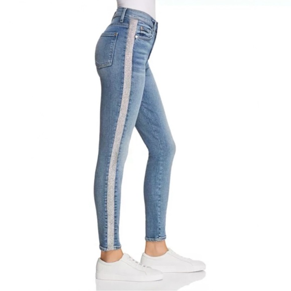 7 For All Mankind High Waist Ankle Skinny Jeans With Silver Shimmer Side Stripe - Picture 14 of 14